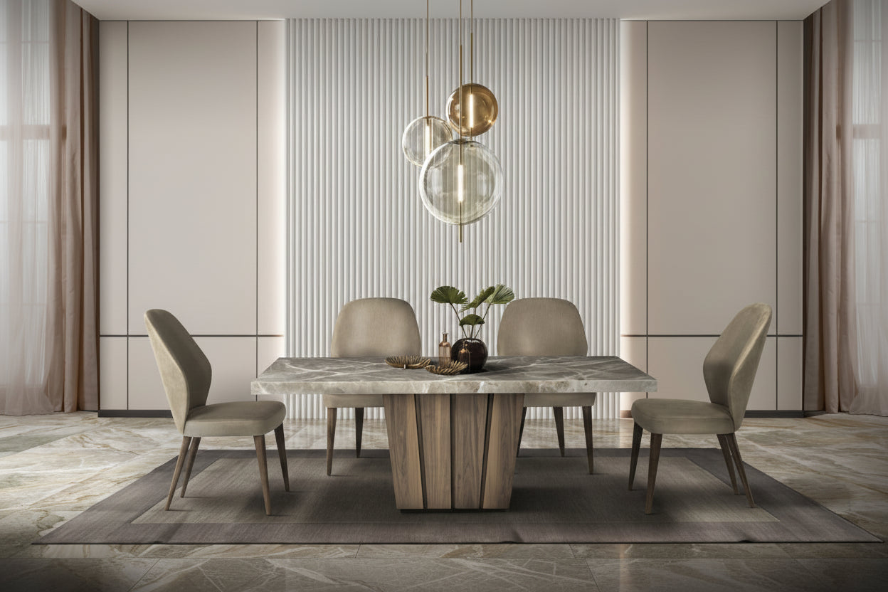 The Empire modern dining room with a marble table and chairs in a stylish interior.