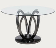 Evelyn glass-top table with black metal base on a white background