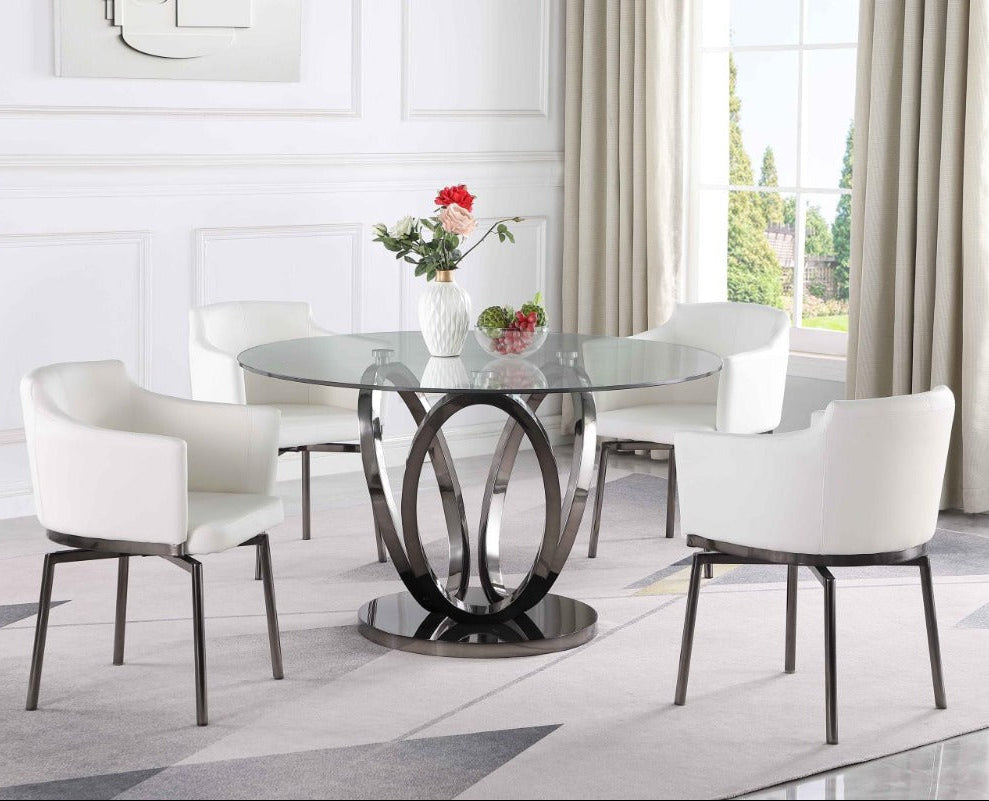 The Evelyn modern dining room set with a round glass table and white chairs.