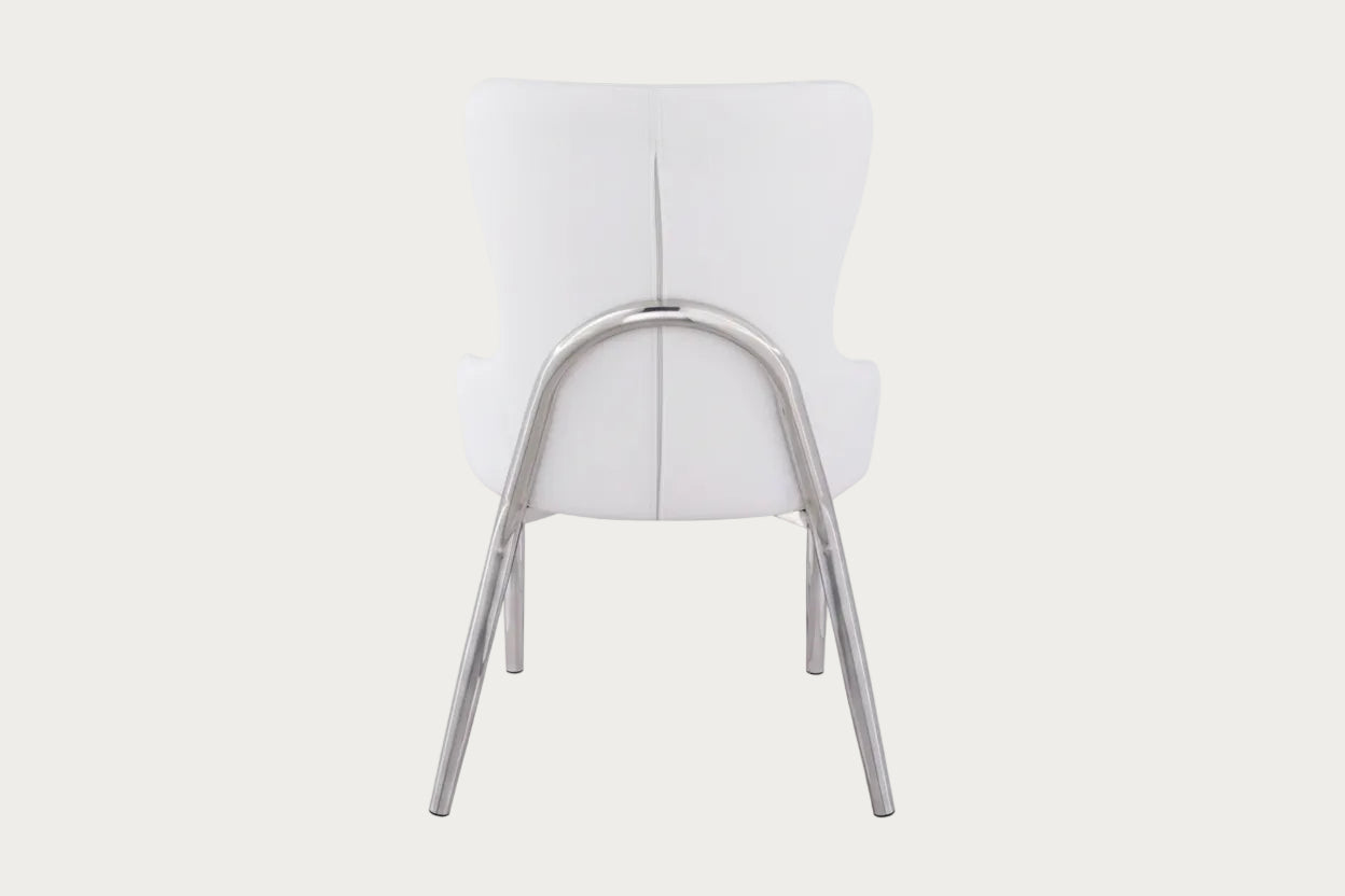 Evelyn white chair with metal legs on a white background. Rear view.