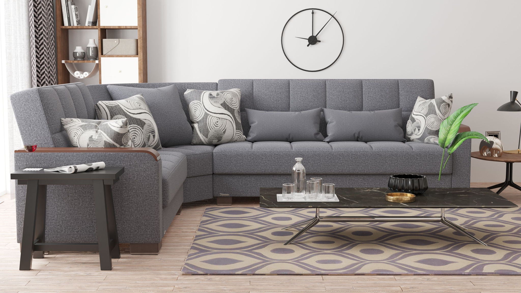 Ottomanson Armada X - Upholstered Convertible Wood Trimmed Sectional With Storage - Polyester