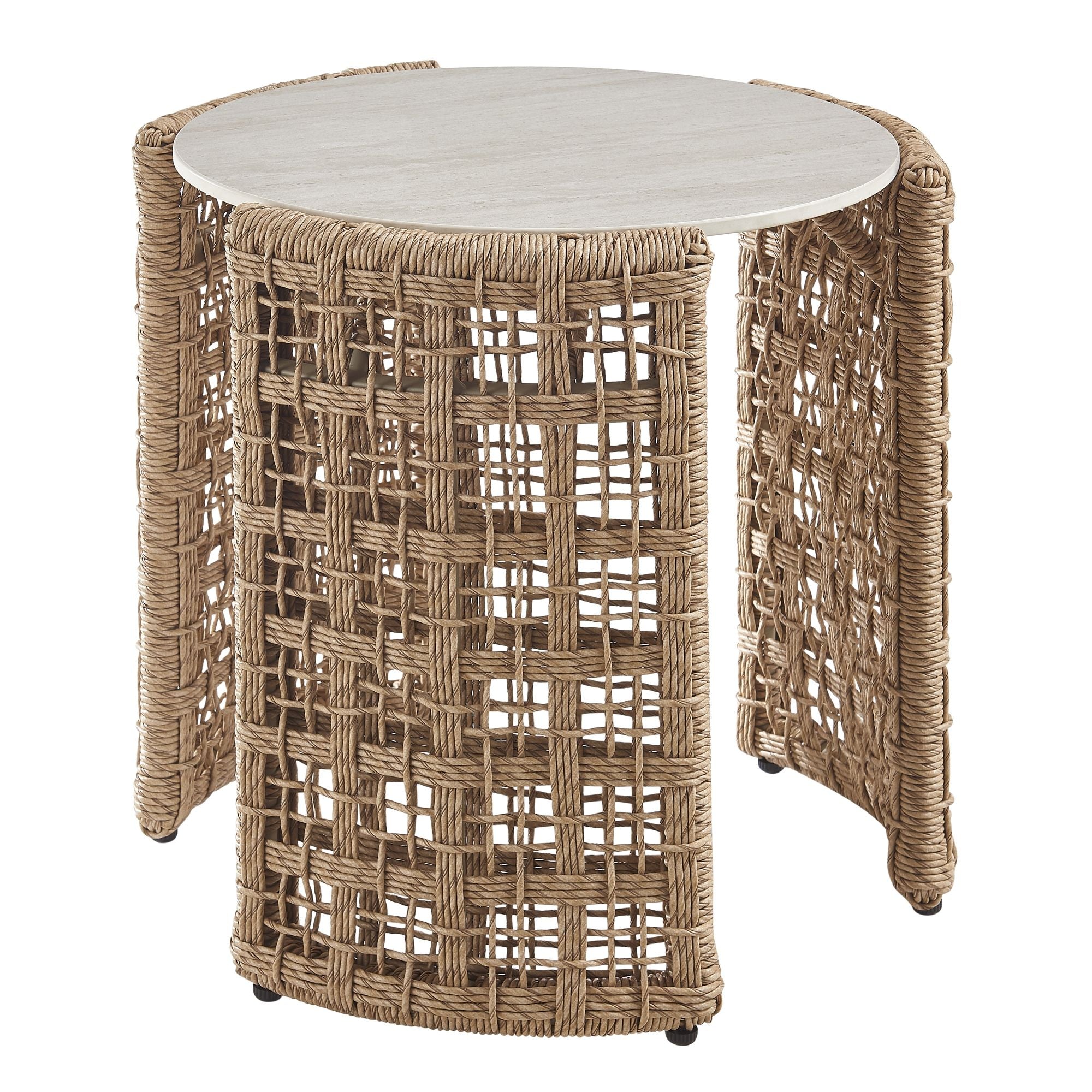 Driftbay - Rattan Round Outdoor Side Table With Sintered Stone Table Top - Natural