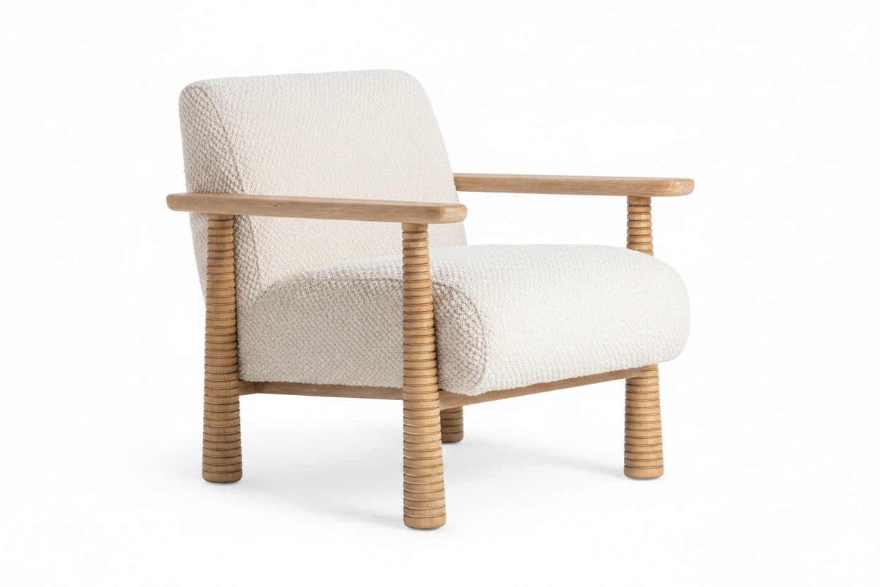 Beige armchair with wooden frame on a white background