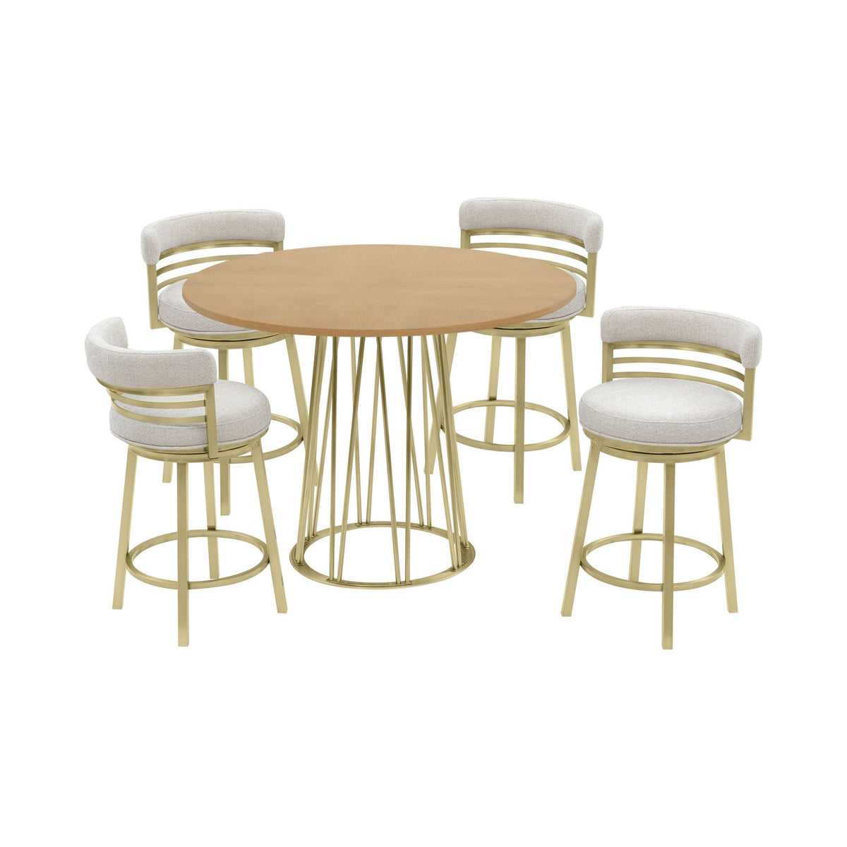 Santorini - 5-Piece Round Wood Tabletop Dining Table Set With Stools Seats Up To 4 - Light Cashew / Natural