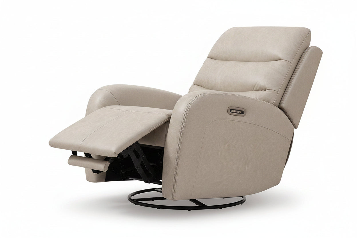A beige upholstered recliner chair with a black circular swivel base, shown on a clean white background.