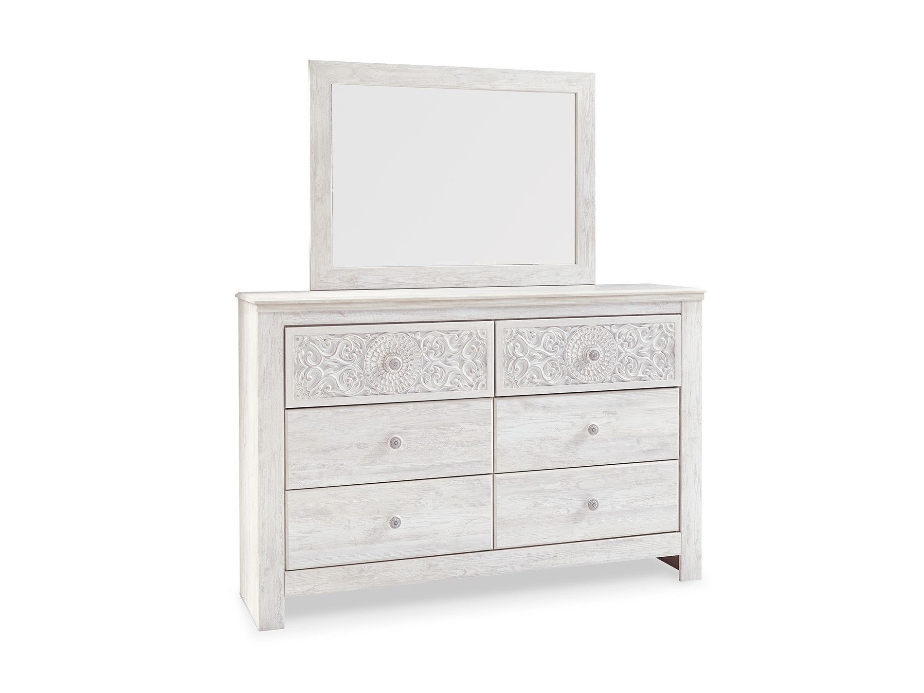 Paxberry - Dresser, Mirror - Medallion Drawer Pulls - Whitewash