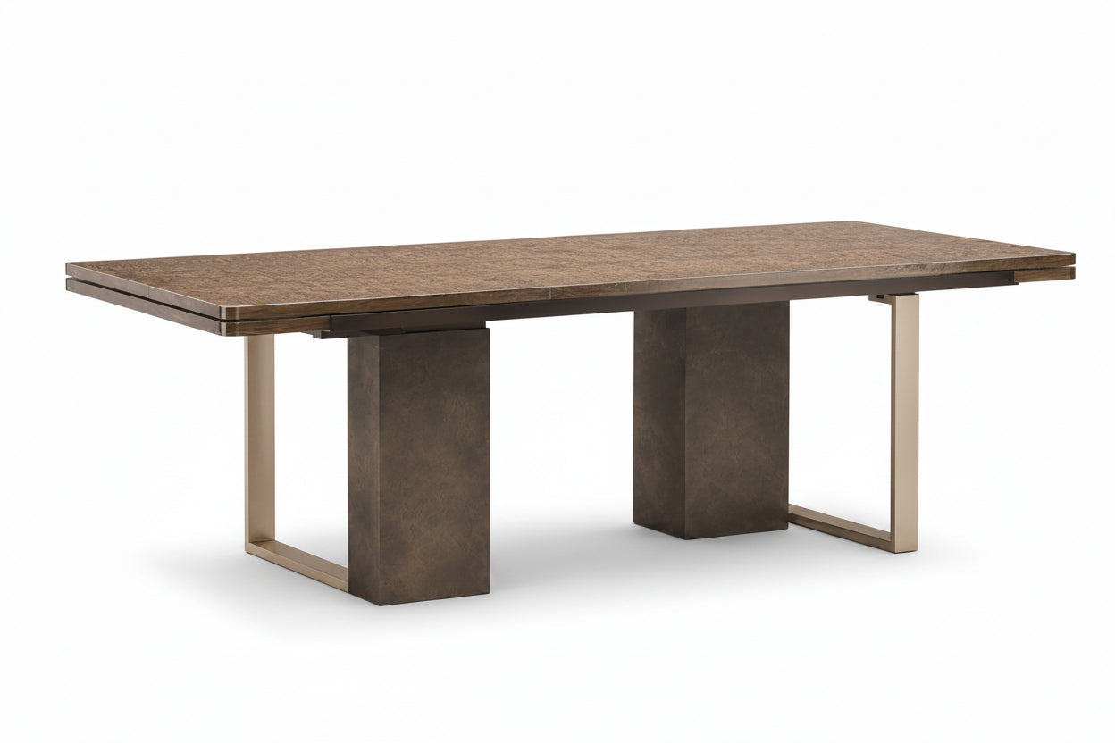 Wooden dining table with bronze legs on a white background