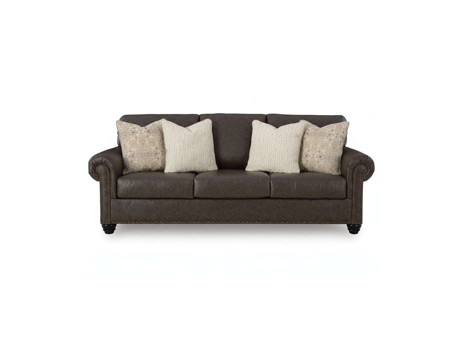 Roxmere brown leather sofa with decorative pillows on a white background.