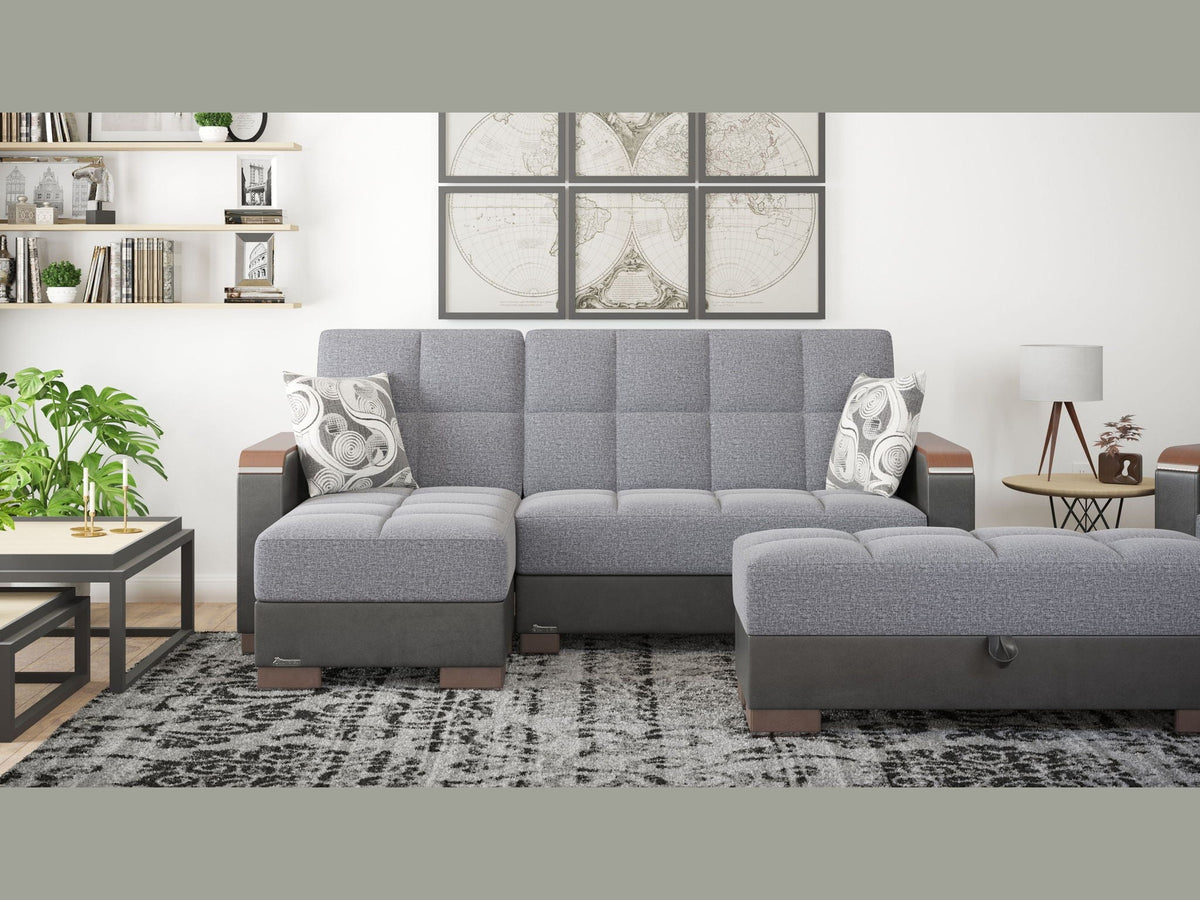 Ottomanson Armada X - Upholstered Convertible Wood Trimmed Ottoman With Storage - Gray/Black PU Polyester