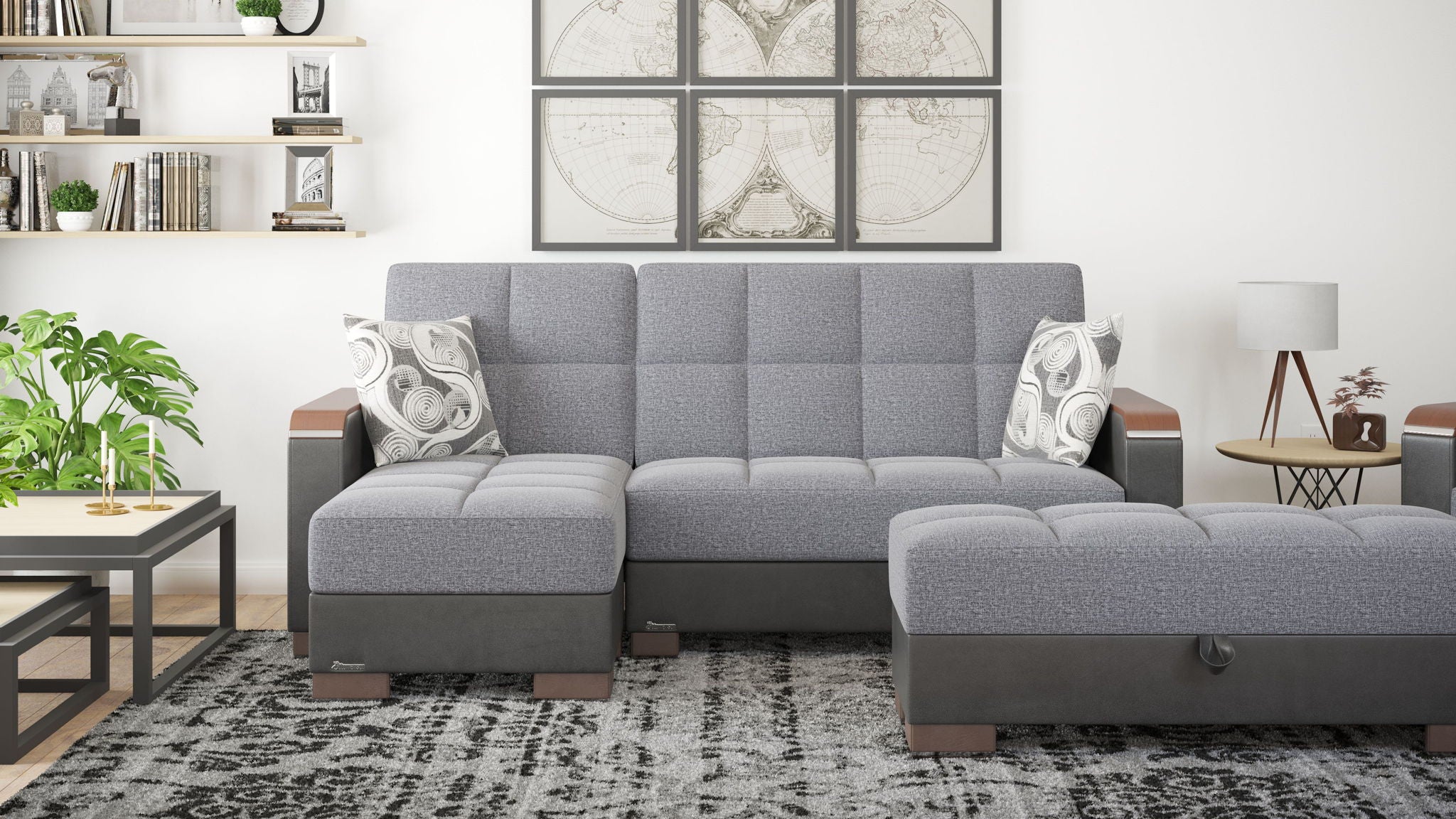 Ottomanson Armada X - Upholstered Convertible Wood Trimmed Ottoman With Storage - Gray/Black PU Polyester