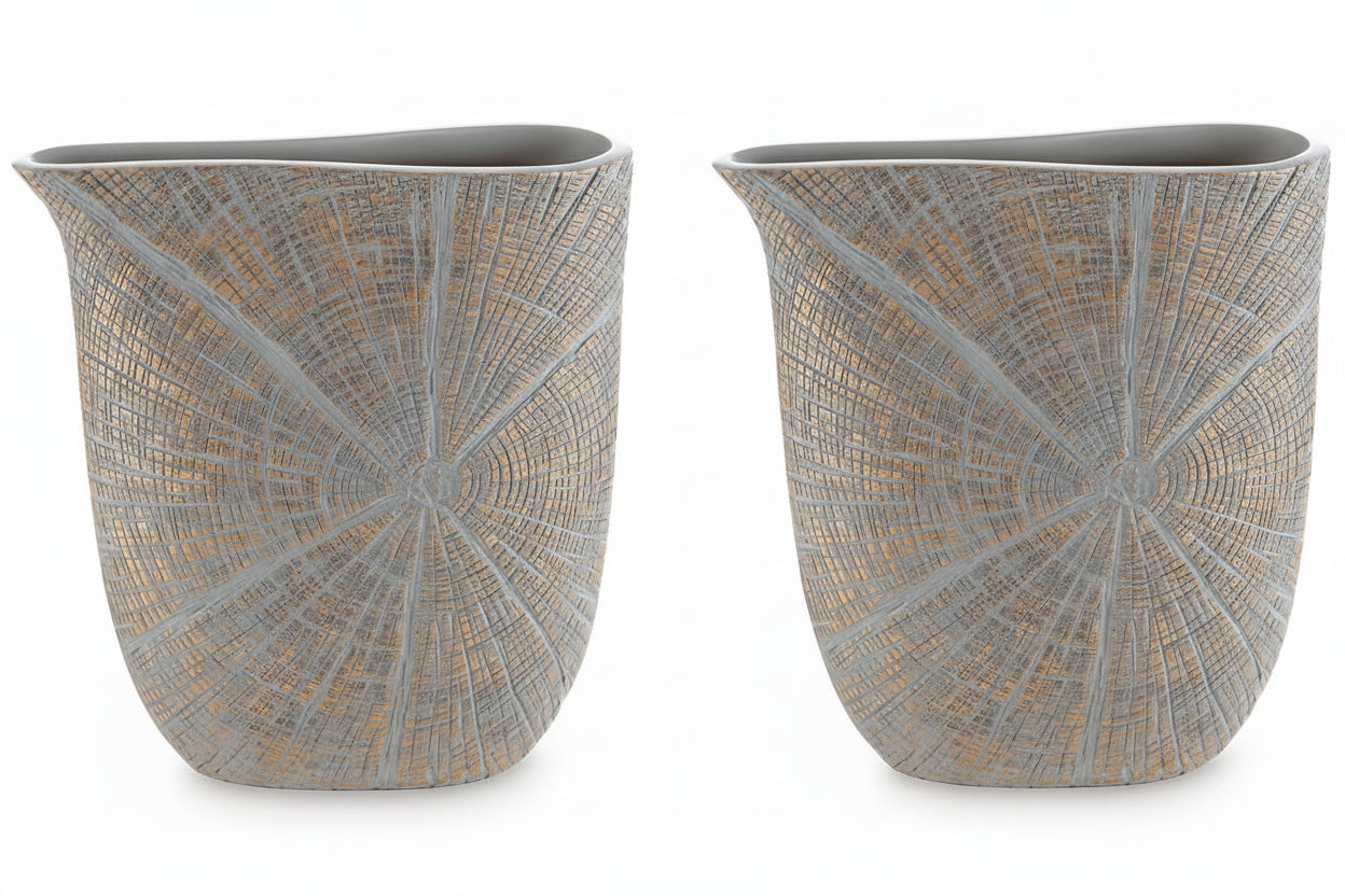 Two decorative vases with a textured pattern on a white background
