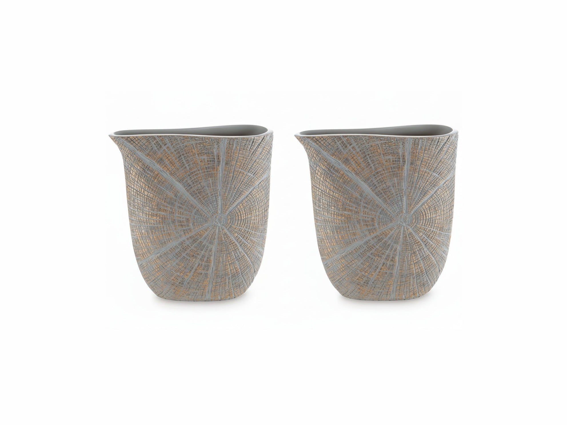 Two decorative vases with a textured pattern on a white background