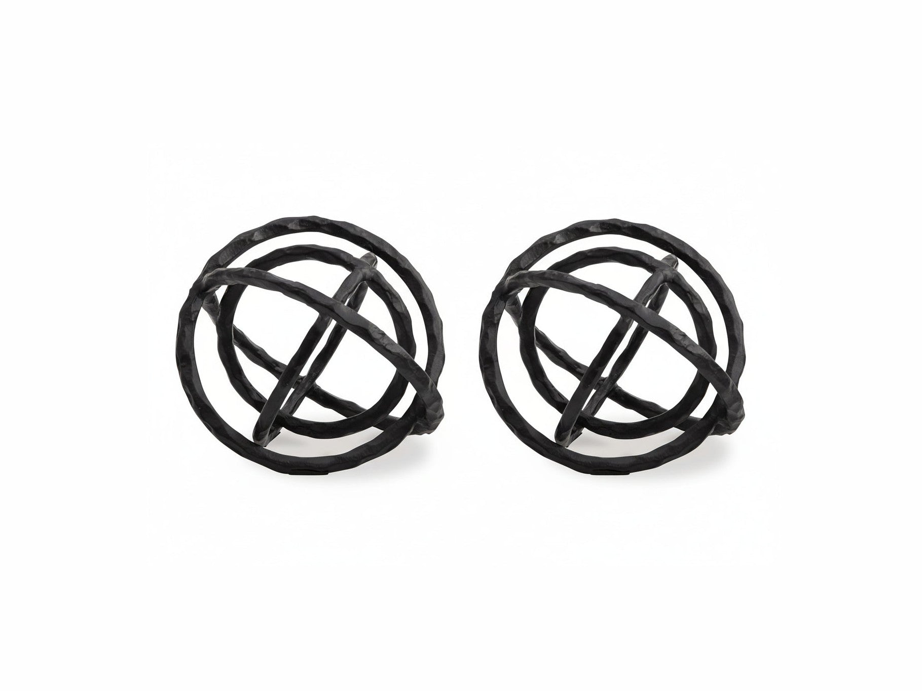 The Barley two black spherical decorative objects with an interwoven design on a white background.