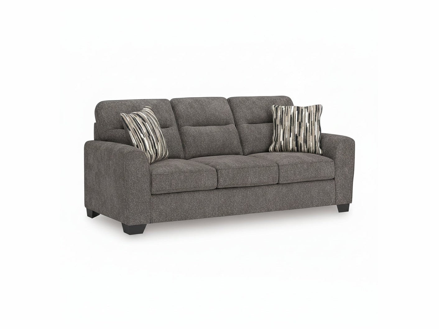 Gray sofa with patterned cushions on a white background