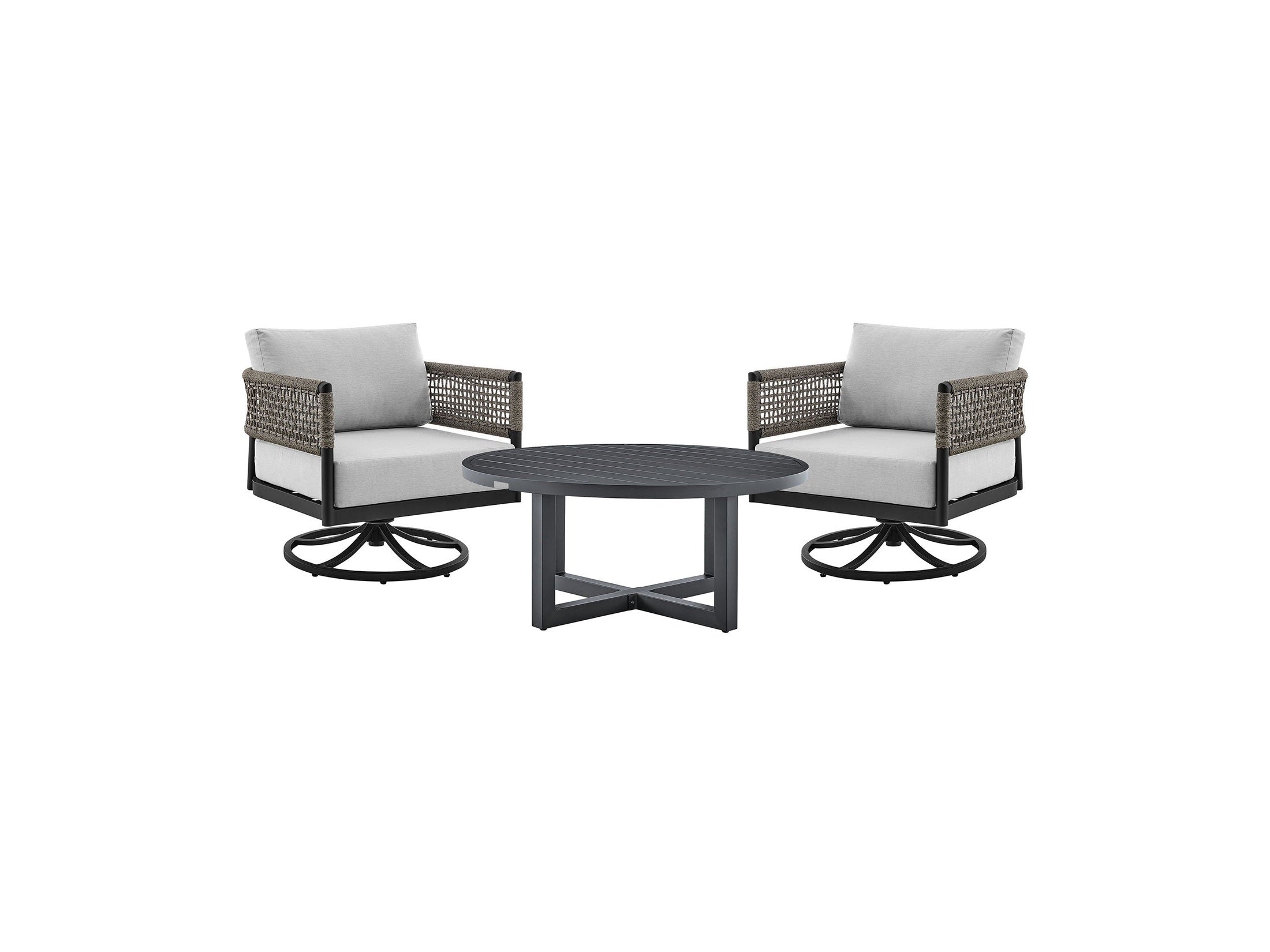 Felicia - And Argiope 3 Piece Patio Outdoor Swivel Seating Set - Black Aluminum With Gray Rope And Cushions