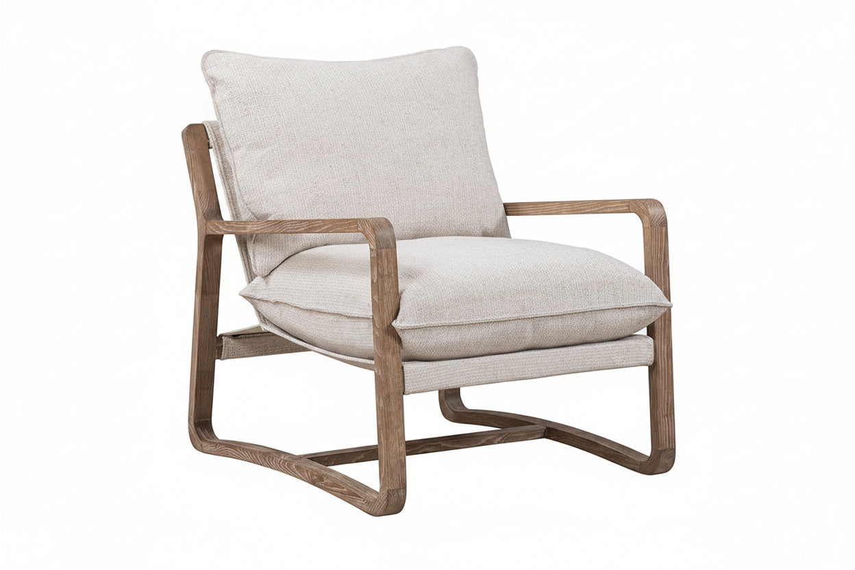 Beige armchair with wooden frame on a white background
