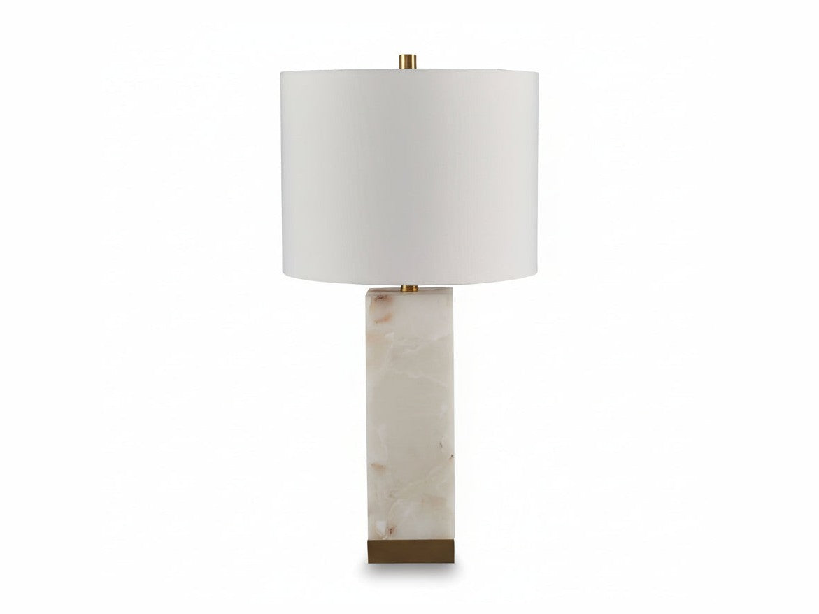 Linderfield table lamp with marble base and white shade on a white background