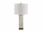 Linderfield table lamp with marble base and white shade on a white background