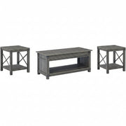Set of three gray end tables with a central coffee table on a white background
