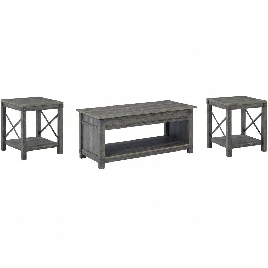 Set of three gray end tables with a central coffee table on a white background