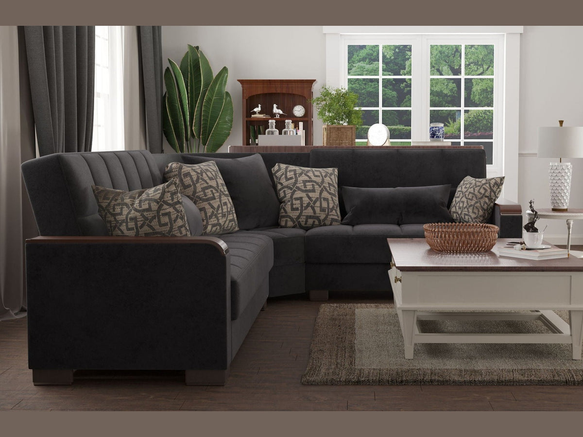 Ottomanson Armada X - Upholstered Convertible Wood Trimmed Sectional With Storage - Microfiber