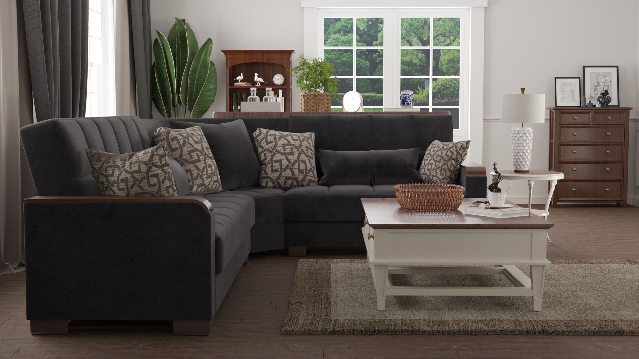 Ottomanson Armada X - Upholstered Convertible Wood Trimmed Sectional With Storage - Microfiber