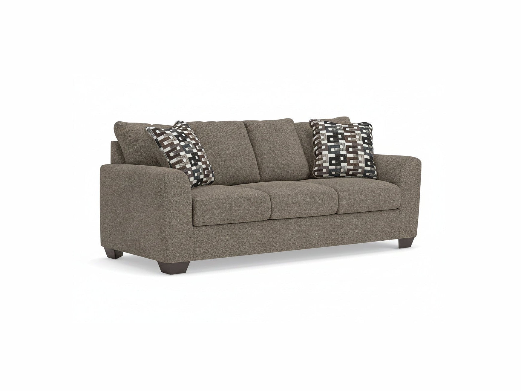 Brown sofa with patterned cushions on a white background