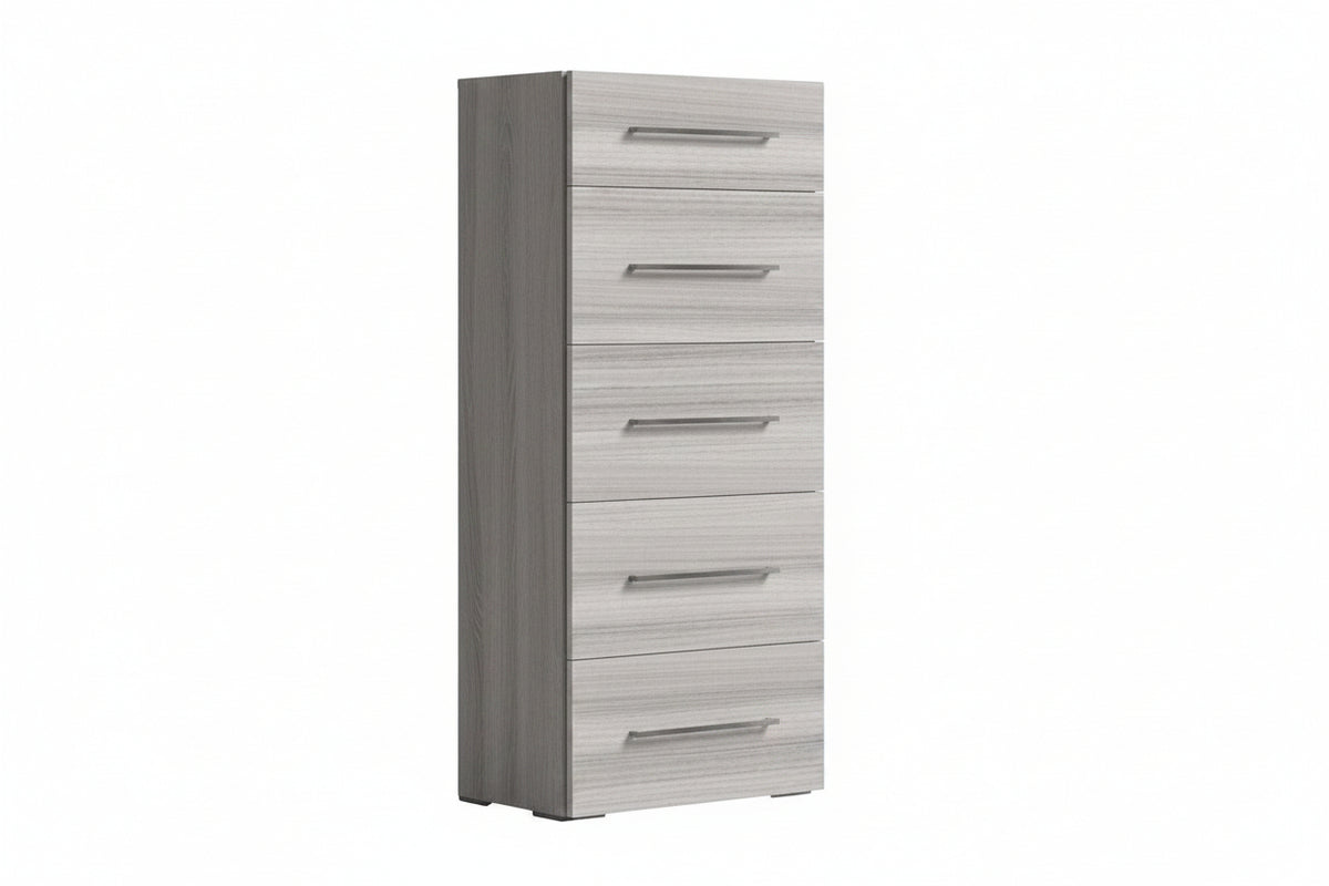 A tall, narrow 5-drawer chest of drawers with a light gray wood grain finish and slim horizontal silver handles, shown on a plain white background.