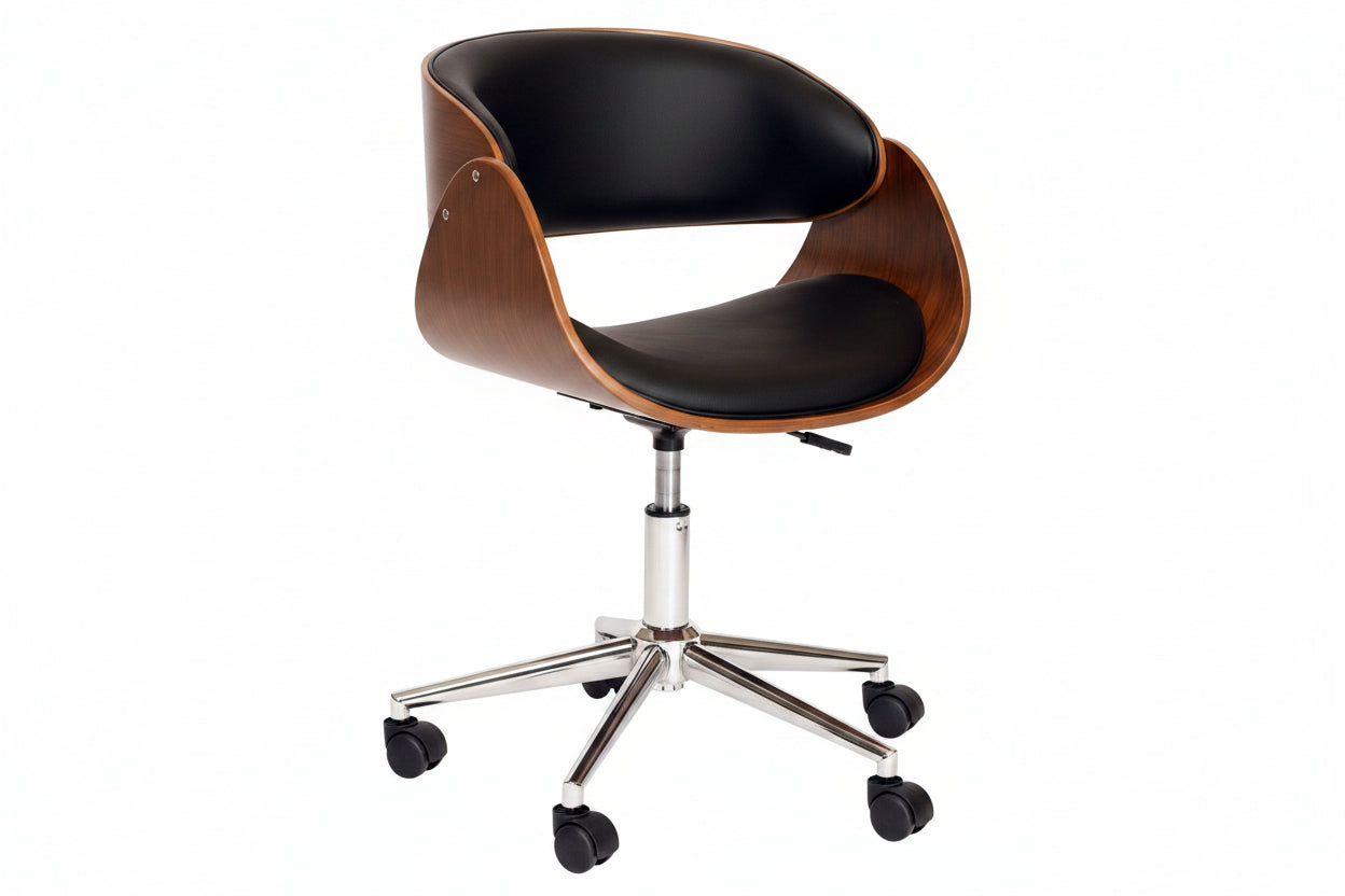 Modern office chair with black seat and wooden frame on a white background