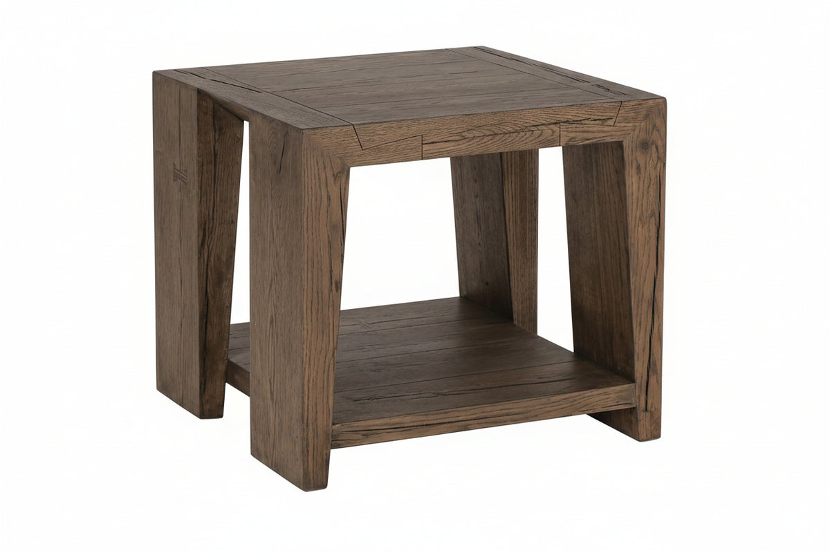 Wooden side table with a rustic finish on a white background