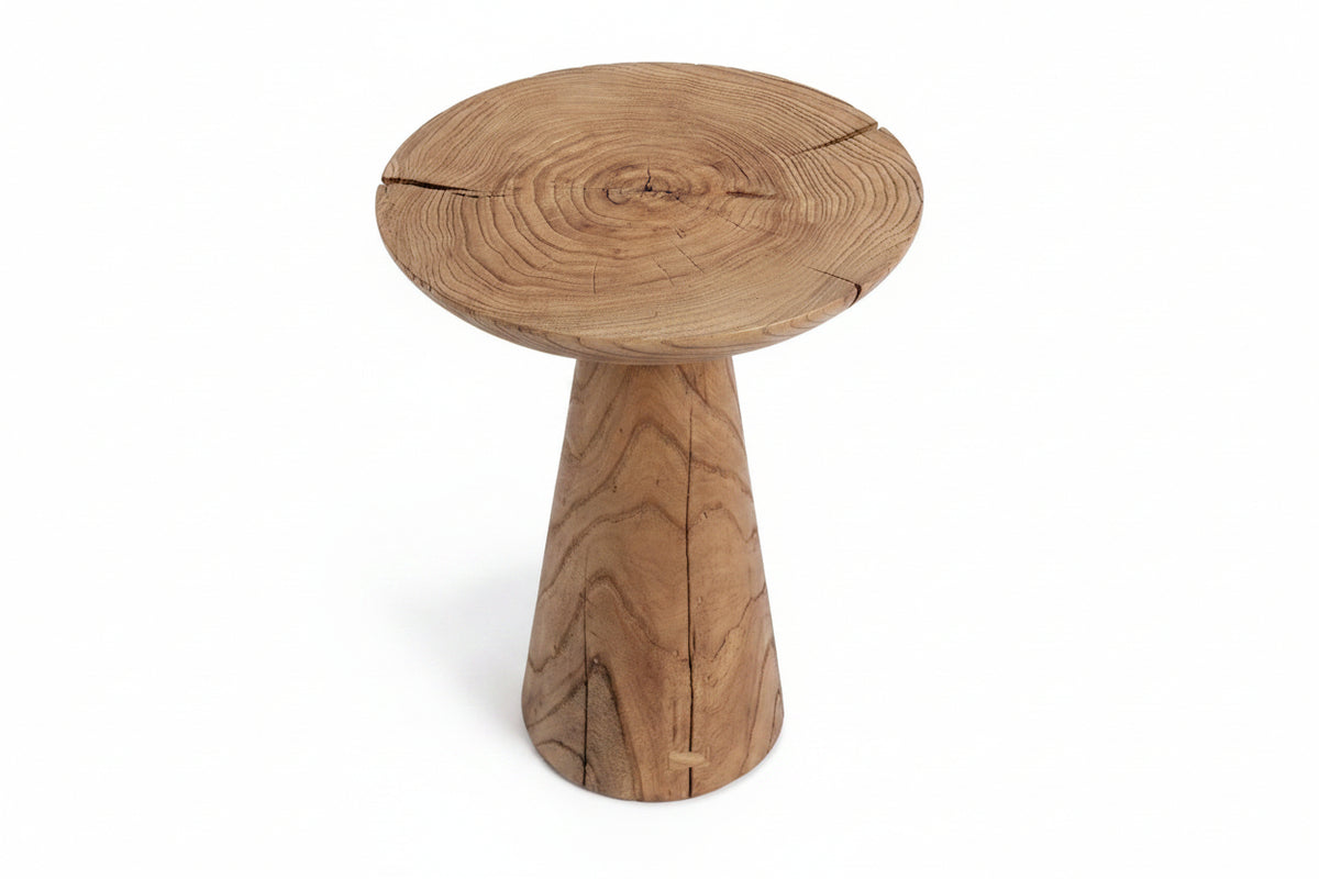 Wooden stool with a round top and cylindrical base on a white background