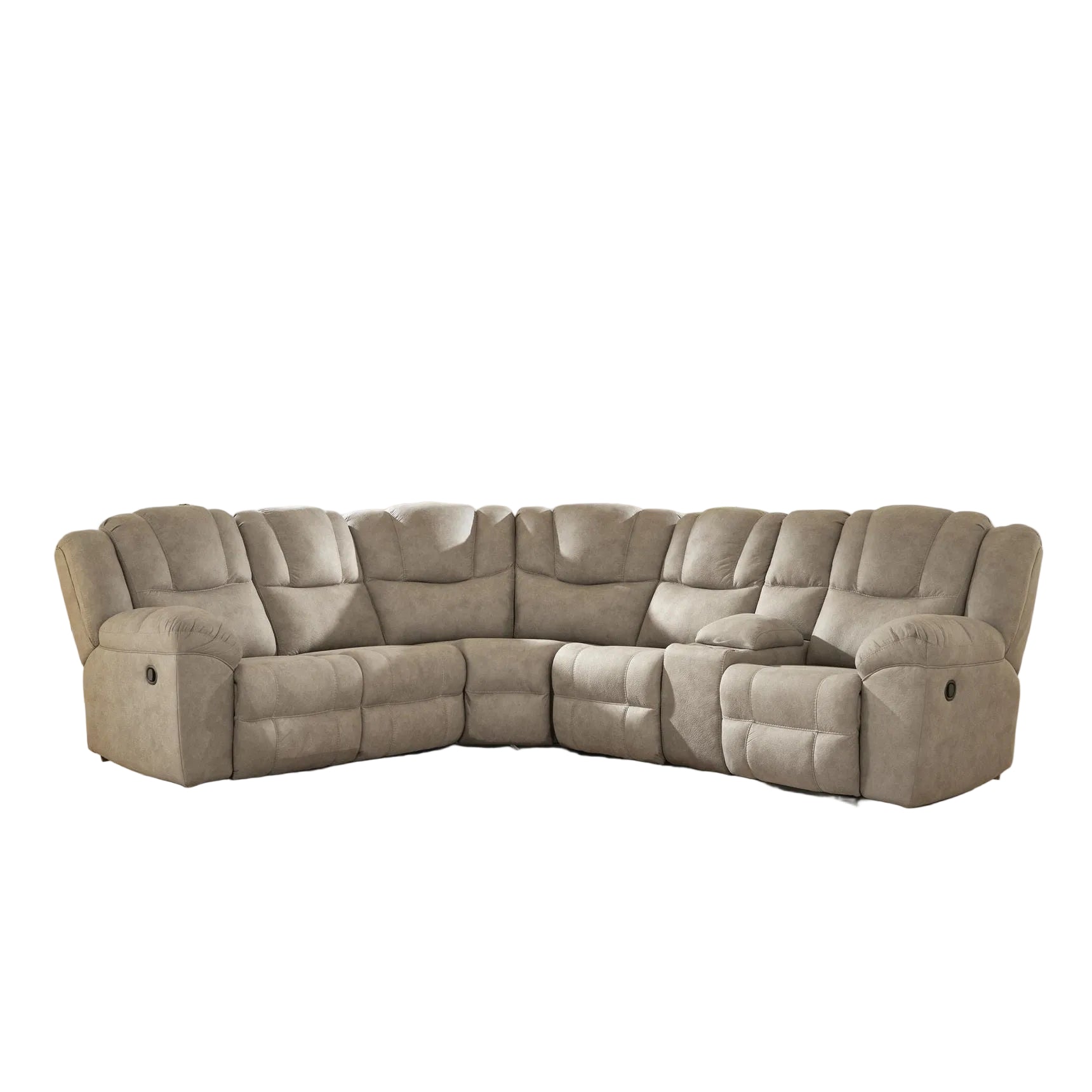 Beige sectional sofa in a living room with large windows and a painting on the wall.