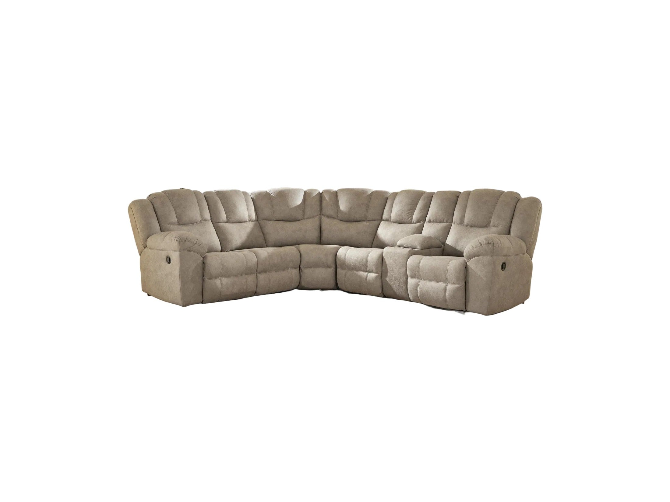 Beige sectional sofa in a living room with large windows and a painting on the wall.
