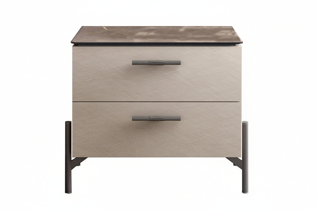 A two-drawer nightstand with a textured beige wood grain finish, a dark brown top, and dark metal legs and handles, shown on a plain white background.