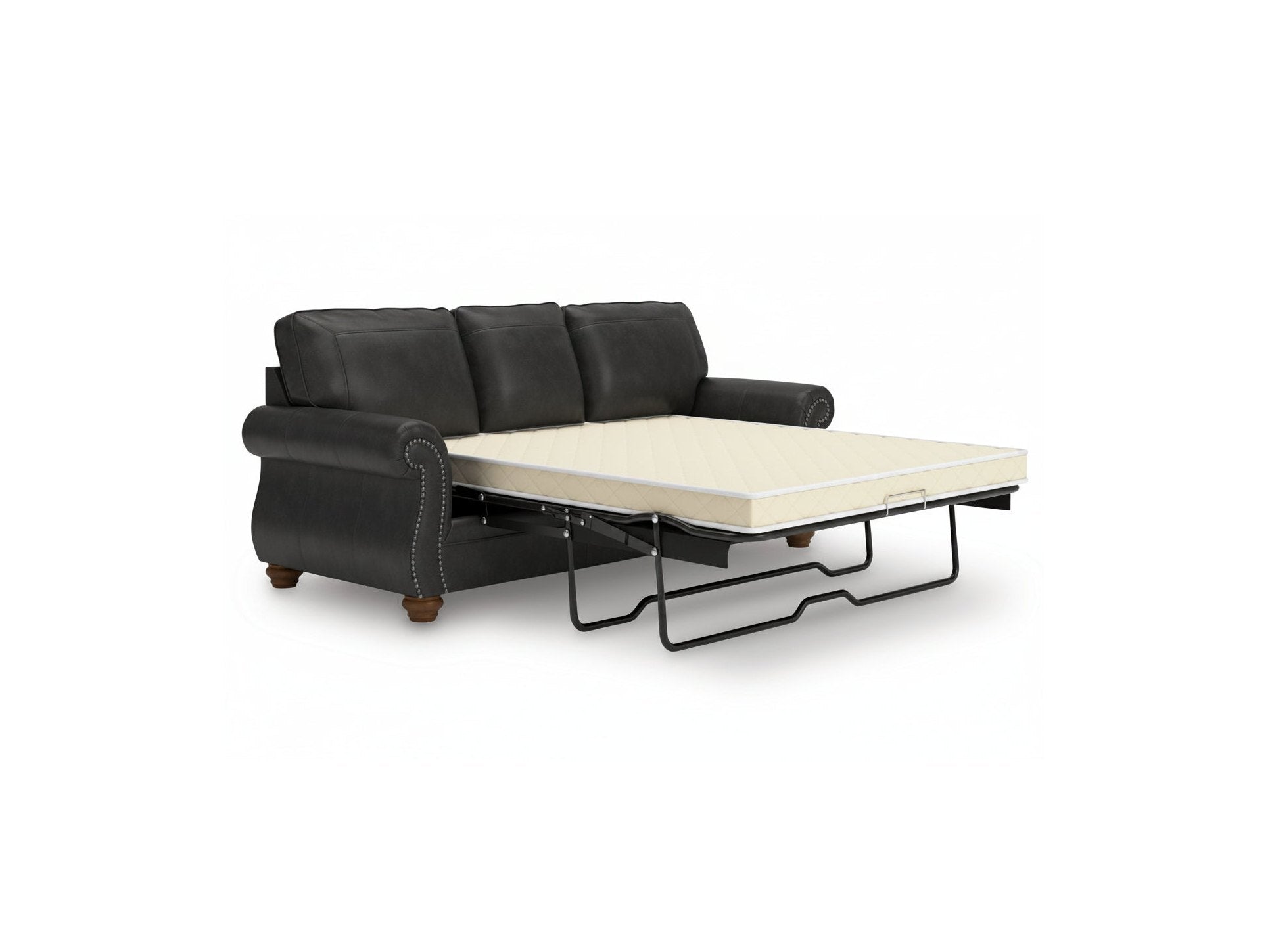 Black leather sofa bed with a pull-out cream mattress on a white background