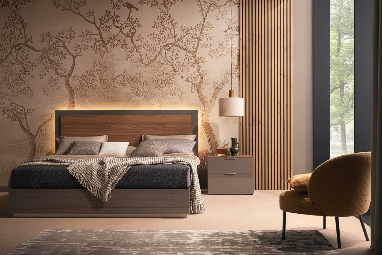 Fifth Avenue modern bedroom with wooden headboard, nightstand, and decorative wall art.