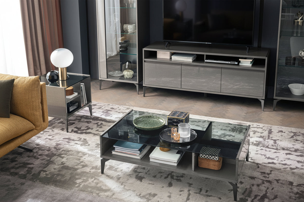 Graphite living room set including a TV stand, a rectangular coffee table, and an end table.
