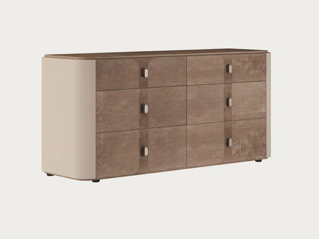 Hebe 6-drawer dresser with beige side panel on a white background