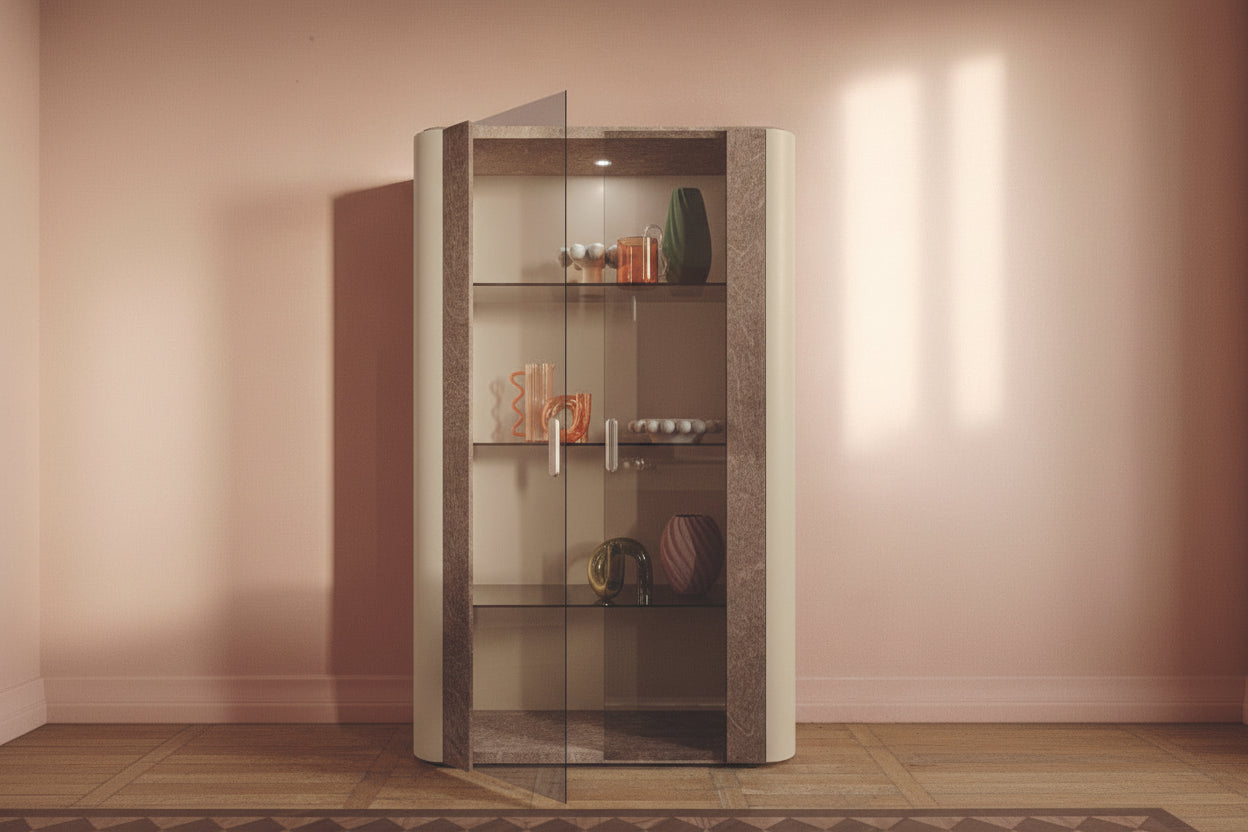 Tall glass display cabinet with decorative items against a neutral wall.