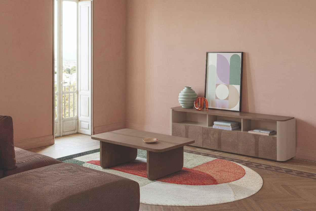 Hebe modern living room with a coffee table, sofa, and decorative items.