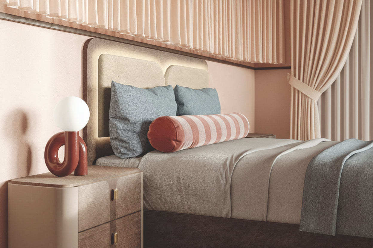 Hebe neatly made a bed with decorative pillows and a nightstand in a bedroom setting.