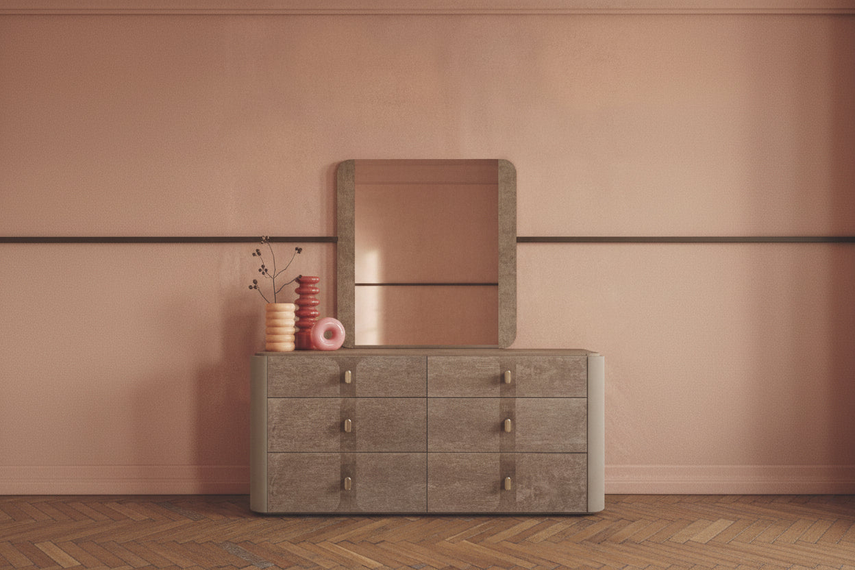 Hebe Dresser with mirror against a beige wall