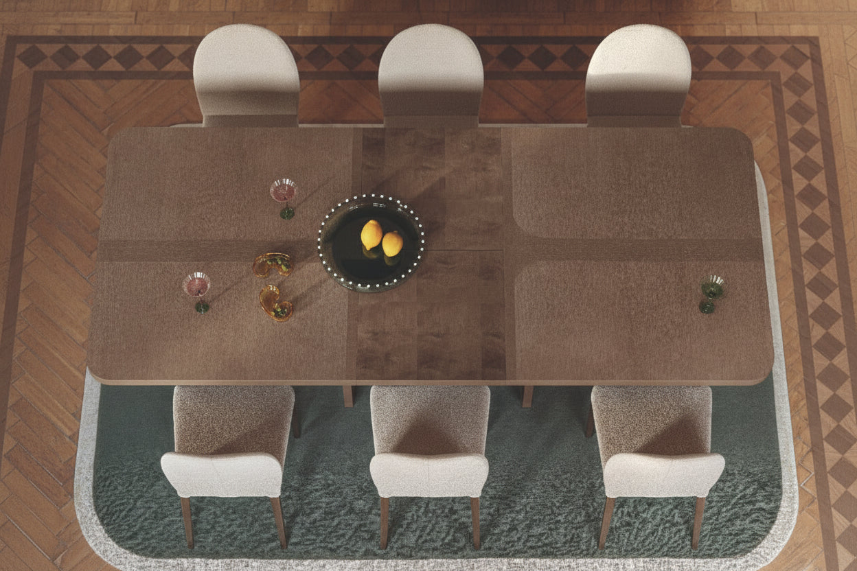 Hebe dining table with chairs on a patterned rug