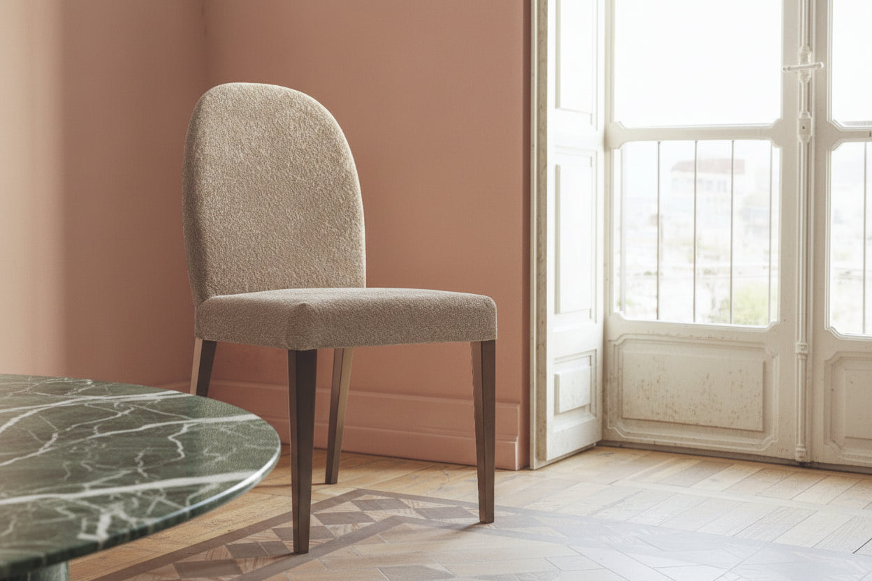 Hebe beige upholstered chair against a pink wall with a large window.