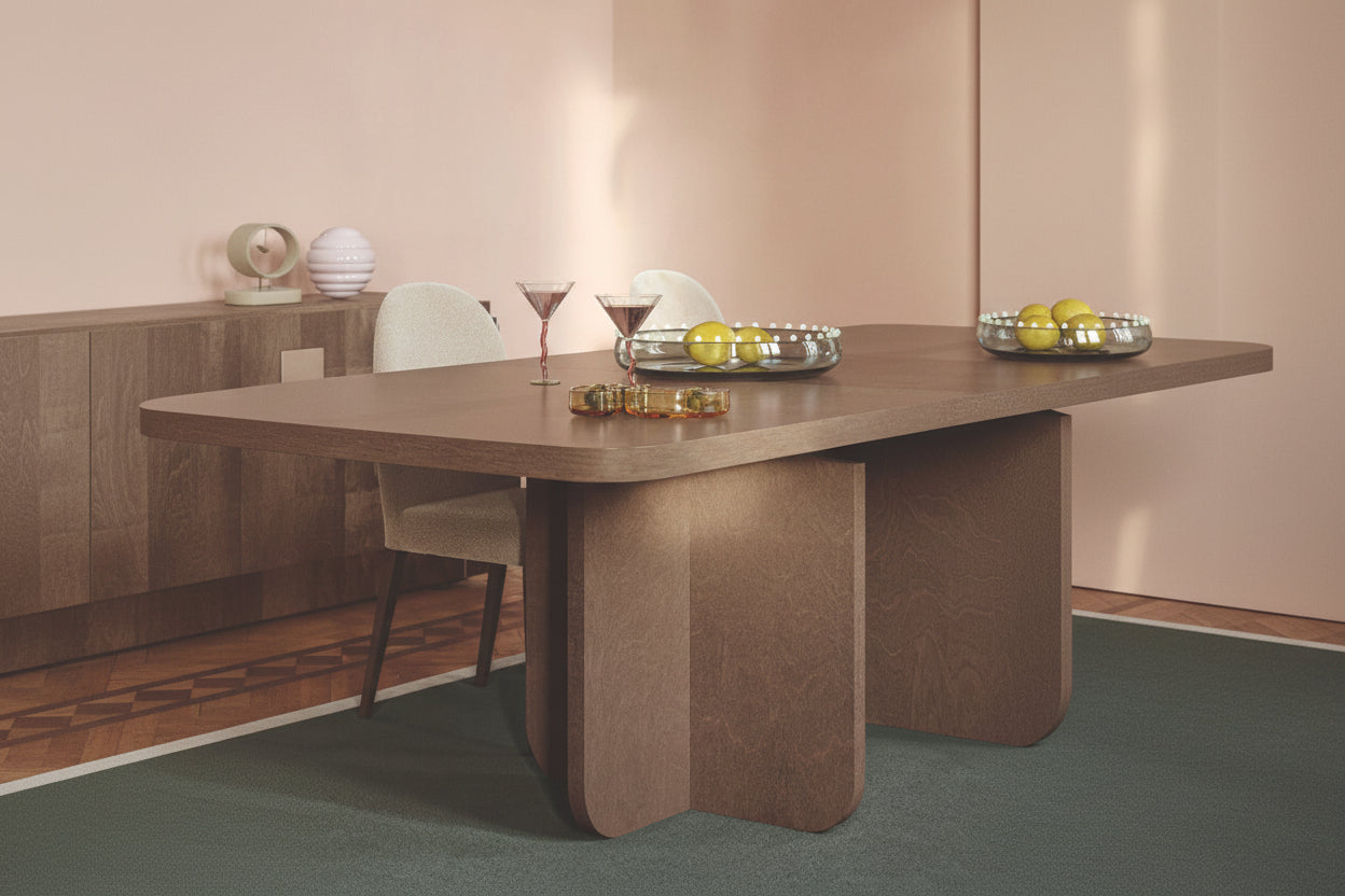Hebe dining table with chairs and decorative items in a modern interior setting.