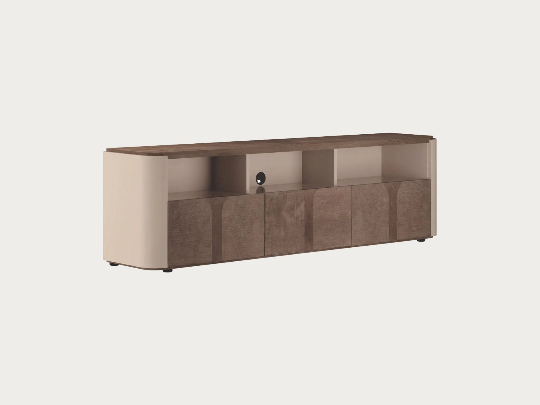 Hebe modern TV stand with a glass top on a white background