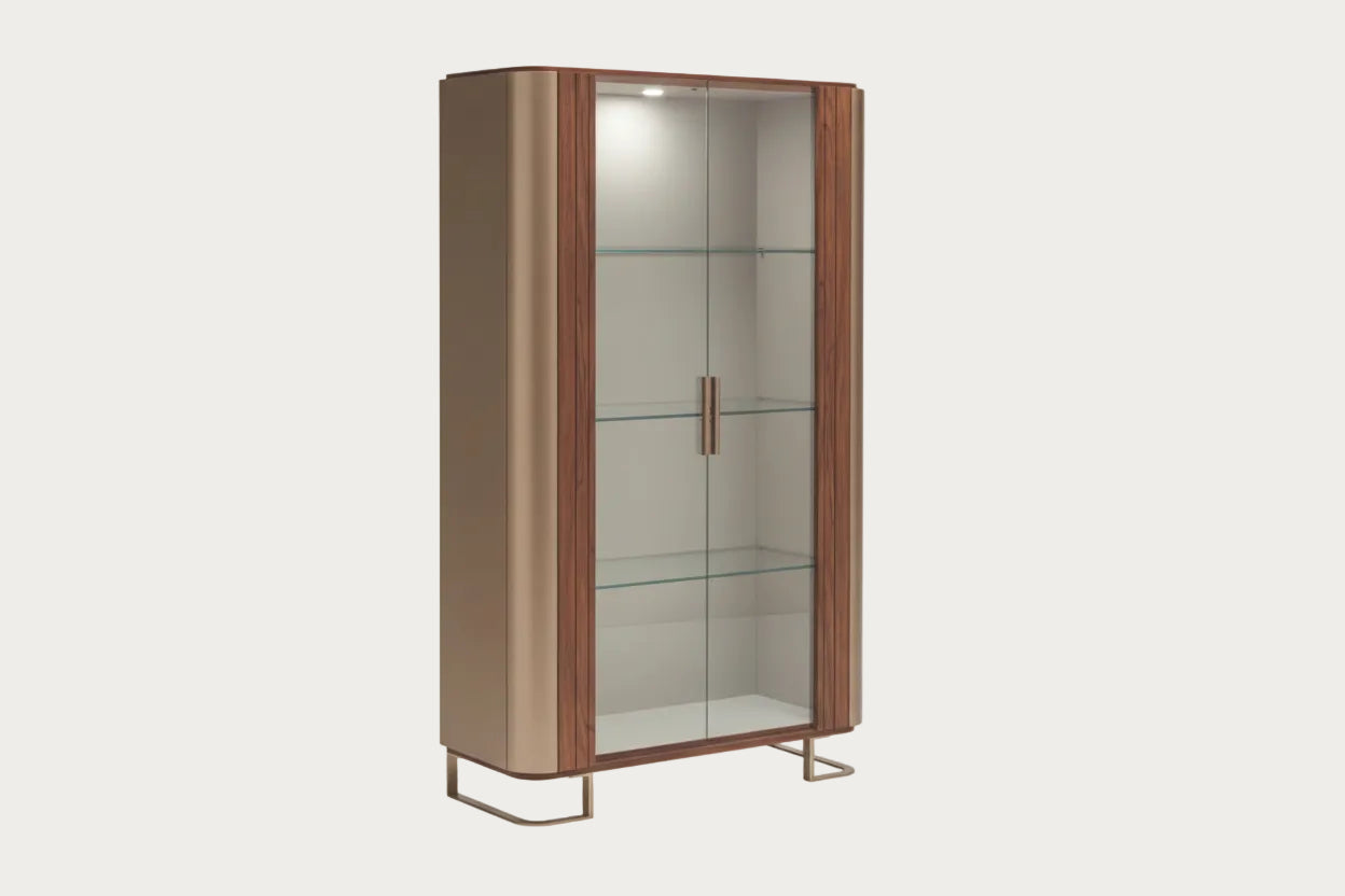 Hera wooden display cabinet with glass doors on a white background.