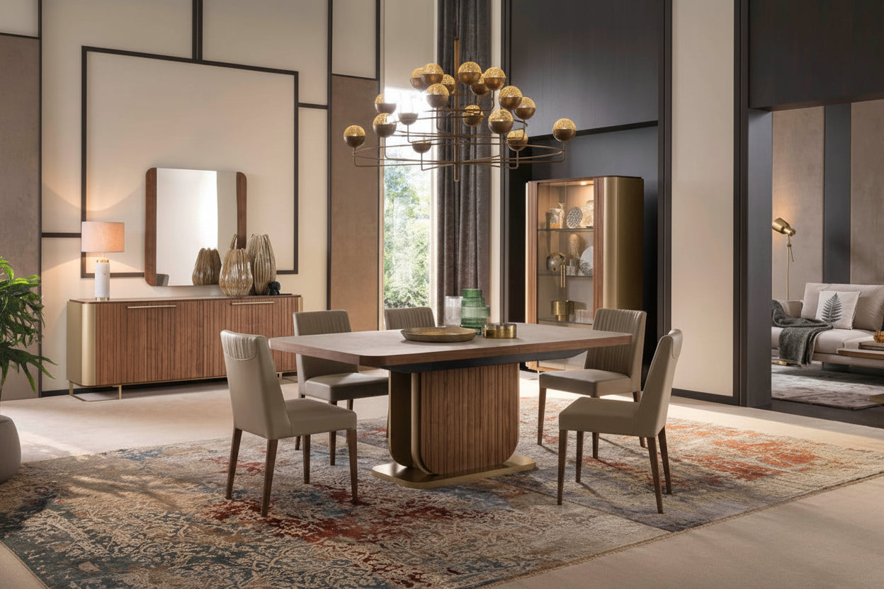 Hera modern dining room set with wooden table and chairs, large mirrors, and decorative elements.
