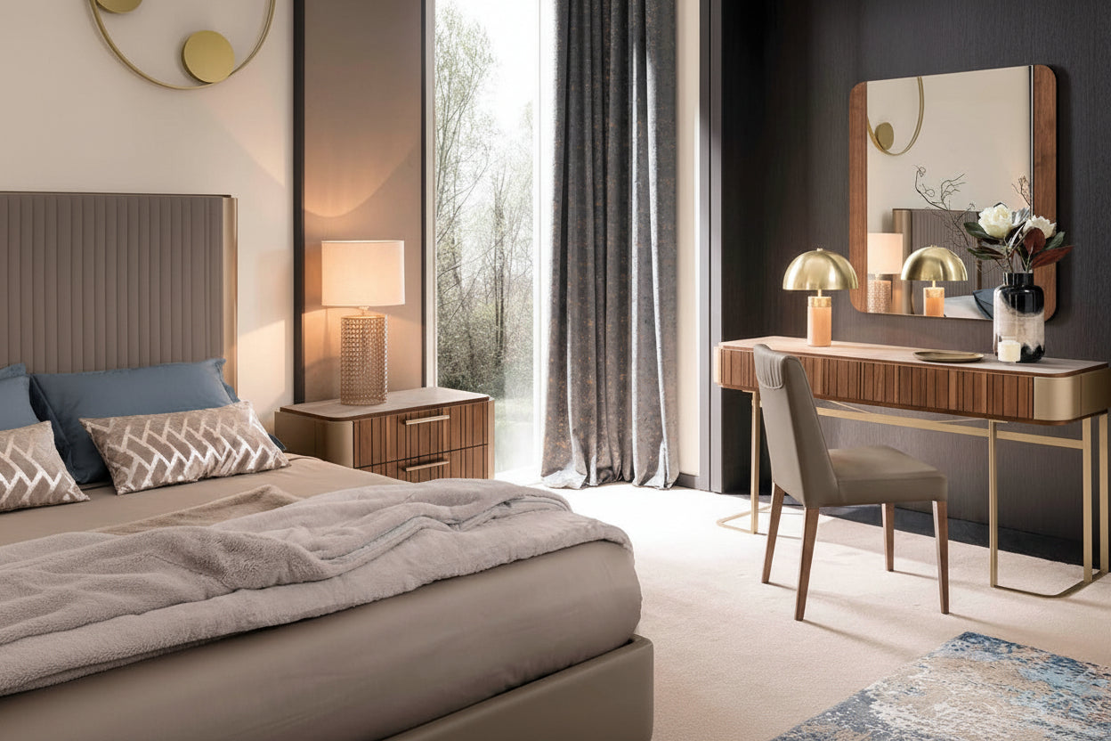 Hera modern vanity in a bedroom with a bed, and decorative elements.