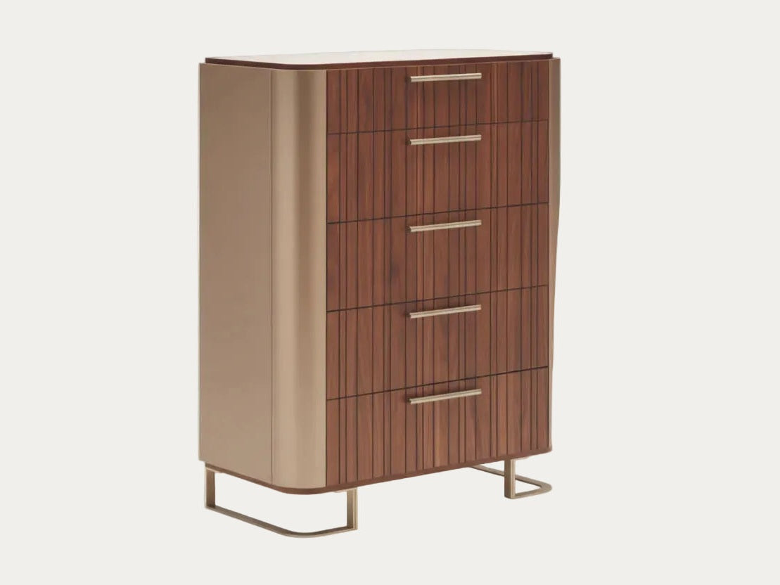 Hera 5-drawer chest with metal legs on a white background.